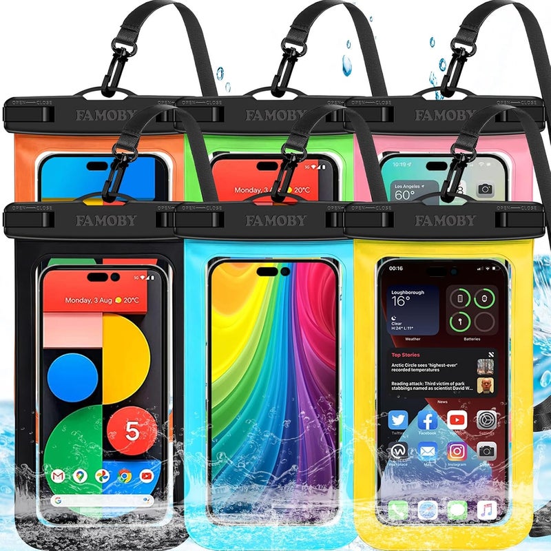 Famoby Up to 8.7" 6 Pack Multicolor Waterproof Phone Pouch, Large Phone Waterproof Case Dry Bag, Protection Level: IP68, Outdoor for Apple iPhone,Samsung,and More, Black,Blue,Pink,Orange,Yellow,Green - Image 1